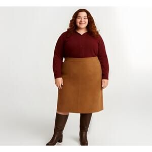 Caramel Tan Brown 100% Washable Suede Lined Midi Skirt 24W Plus Sized Academia